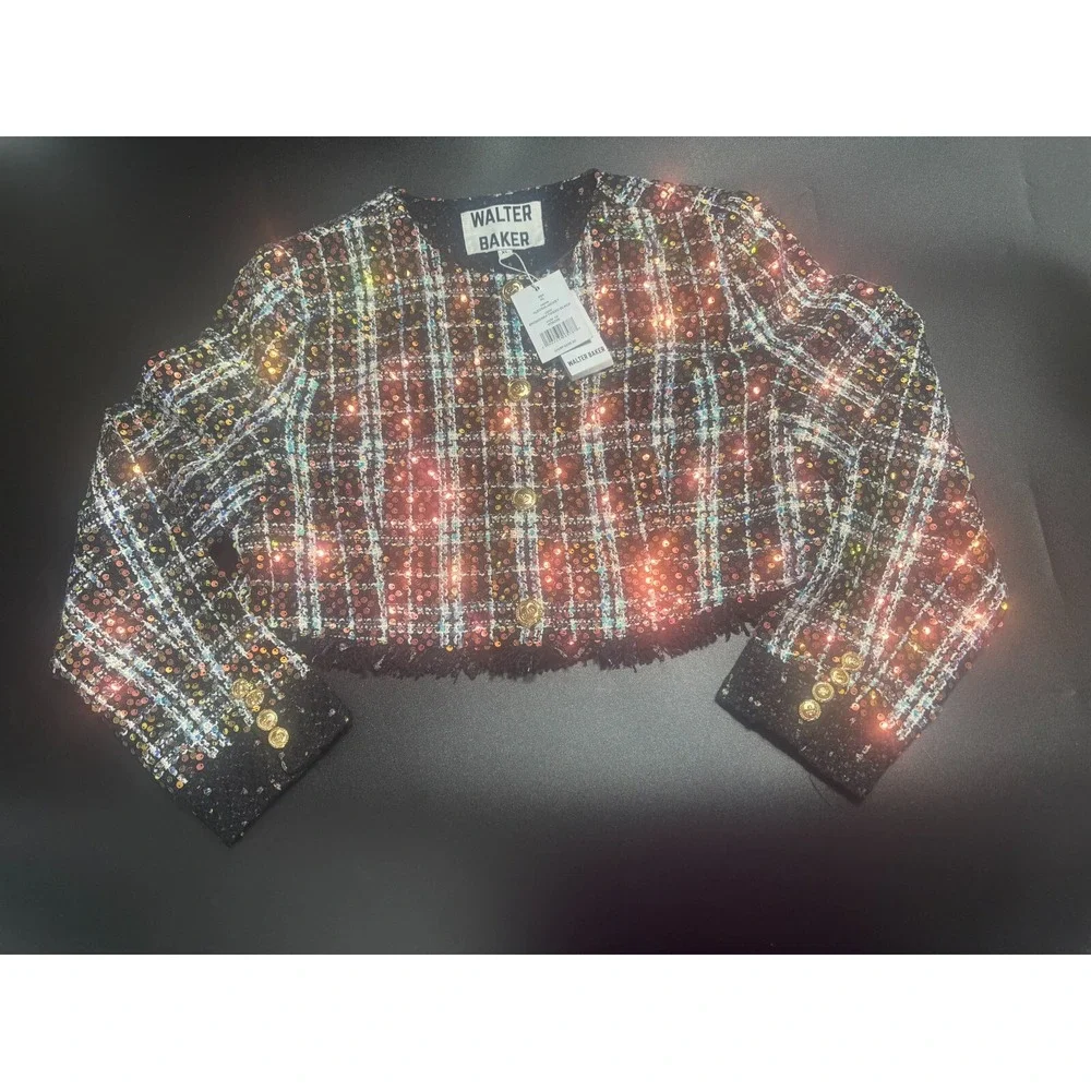 Walter Baker‎ Alessia Jacket Women's XL Broadway Tweed Black Cropped Fringe Hem